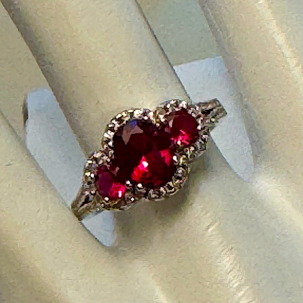 Three Oval Rubies and CZ Stones Set in 925 Sterling Silver Women’s Ring